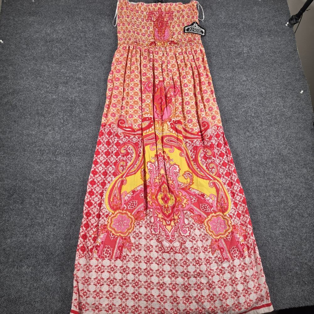 Angie Womens S Strapless Maxi Dress Paisley Boho Smocked Pink Orange NWT